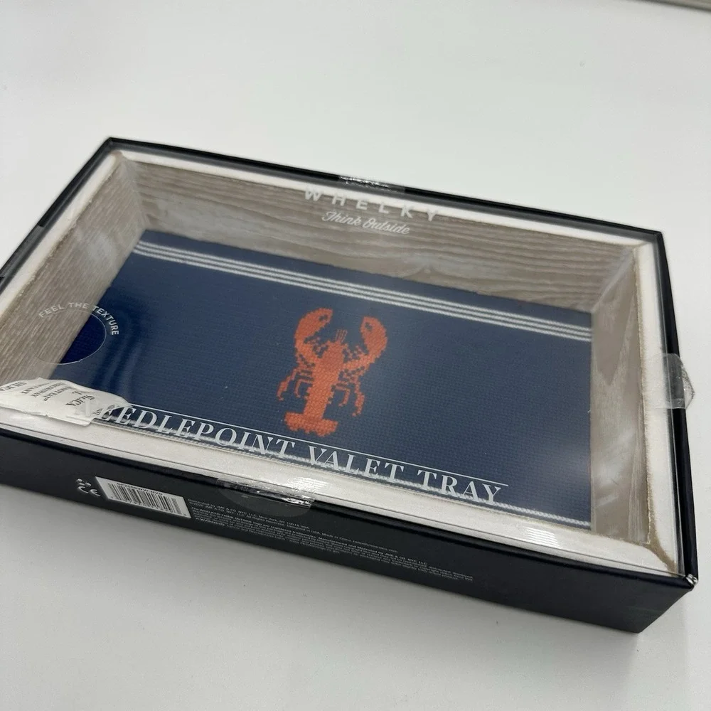 Whelky Navy Needlepoint Valet Tray Orange Lobster Nautical Wood Jewelry Tray NEW